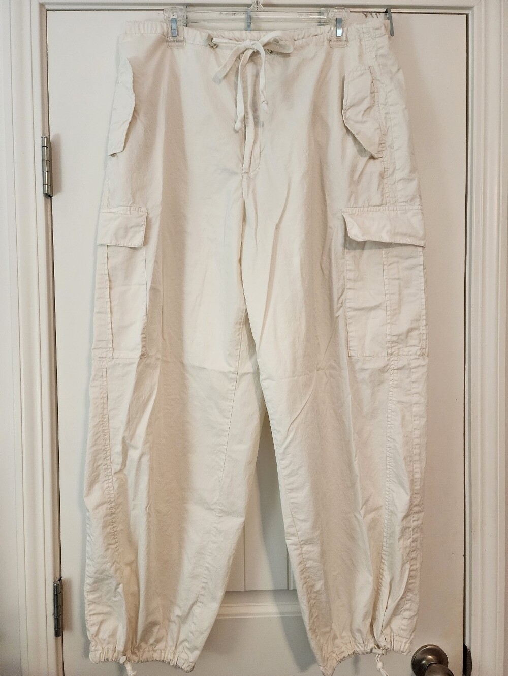 Good American Cream Cargo Joggers 100% Cotton Large Utility Gorpcore Drawstring